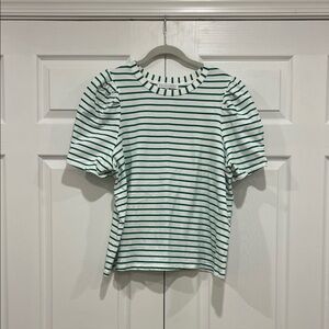 ENGLISH FACTORY Stripe Knit Shirt Womens Green White Puff Short Sleeves Size 1X